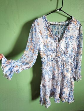 Beautiful Ruffle Mini Dress w/ Blue & Orange Blossom Print | Medium